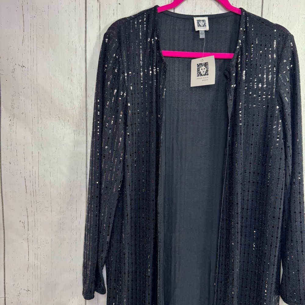 Anne Klein Black Sequin Longline Duster Cardigan NWT Evening Glam Holiday Party - Picture 3 of 16